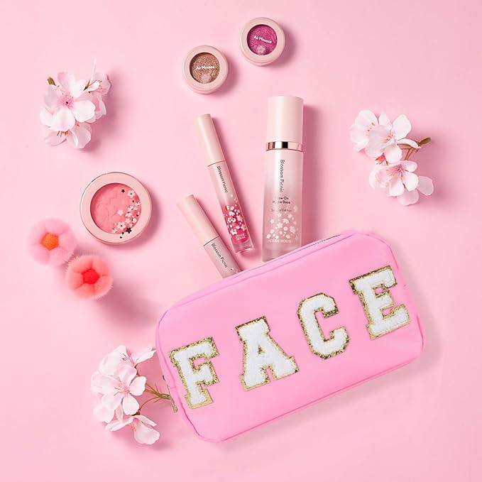 4 Pcs Nylon Cosmetic Bags Travel Organizer Chenille Letter Makeup Pouch Zipper Preppy Waterproof Hair Bag Toiletry Pouch for Women Girls Pinks