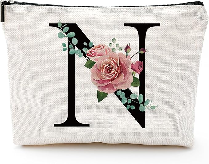 Initial A-Z Personalized Letter Makeup Bag, Monogrammed Bridesmaid Gifts/Presents Cosmetic Bag, Portable Stationery Storage Organizer Pouch, Friendship Love Travel Makeup Bags