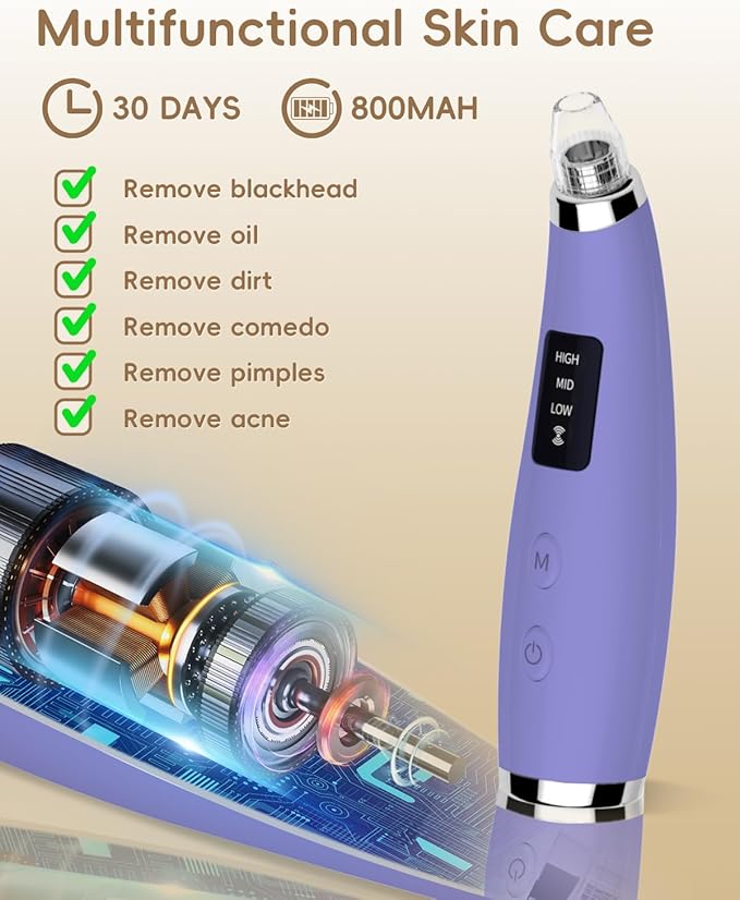 Facial Pore Blackhead Remover Vacuum - Fore Cleaner and Blackhead Extractor with 3 Adjustable Suction Levels - 5 Probes - Pore Vacuum Kit for Women&Men (Matte Purple)