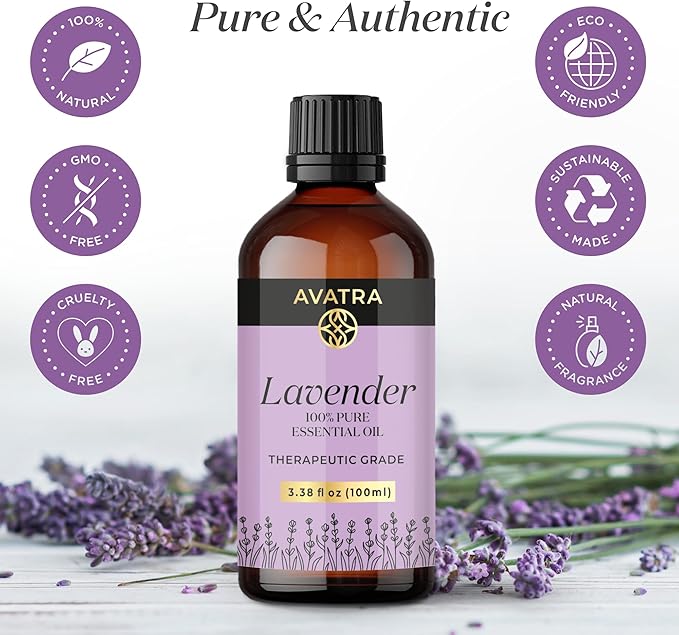Avatra Lavender Essential Oil 100ML (3.38 OZ) with Glass Dropper and Travel Bottle, Pure and Natural Therapeutic Grade Lavender Oil for Diffuser, Aromatherapy, Massage, and DIY Candle Products