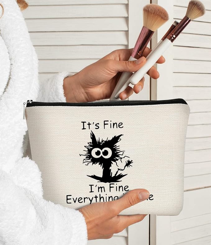 Cat Makeup bag It's Fine Everything is Fine Inspirational Funny Cat Kitten,Cosmetic Bag Zipper Travel Toiletry Bag Best Gift Idea for Cat Lovers Teen Girls,Cat Owners Gifts,Birthday Gift