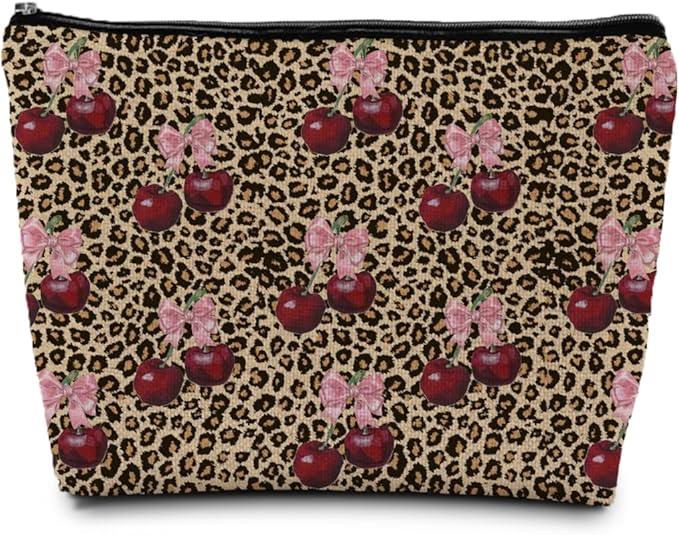 Leopard Print Cherry Makeup Bag, Coquette Preppy Pink Bow Cherry Cosmetic Bags Gifts for Women, Funky Y2k Cheetah Print Portable Travel Toiletry Bag Zipper Makeup Pouch
