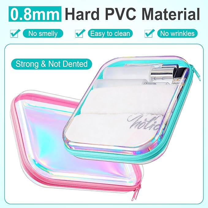 Hoolerry 3 Pcs Clear Hard Zipper Case Plastic Pouch Transparent Hard Case Clear Makeup Bag Portable Travel Organizer Bin for Cosmetics, Building Blocks, Puzzles(Laser,M)