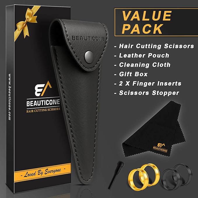 BEAUTICONE ® Hair Cutting Scissors - High Carbon SS 6.5" Professional Barber-Grade Salon Shears with Serrated & Razor Edge - Black Premium Gift Box with Leather Pouch & Extra Accs - Ultra Lightweight