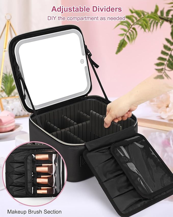 Relavel Initial Makeup Bag with LED Mirror for Women Girls, Personalized Travel Cosmetic Organizer Train Case, Birthday Gifts for Grandkids Bridesmaid Graduation Teacher Friends, Trendy Stuff, Black S