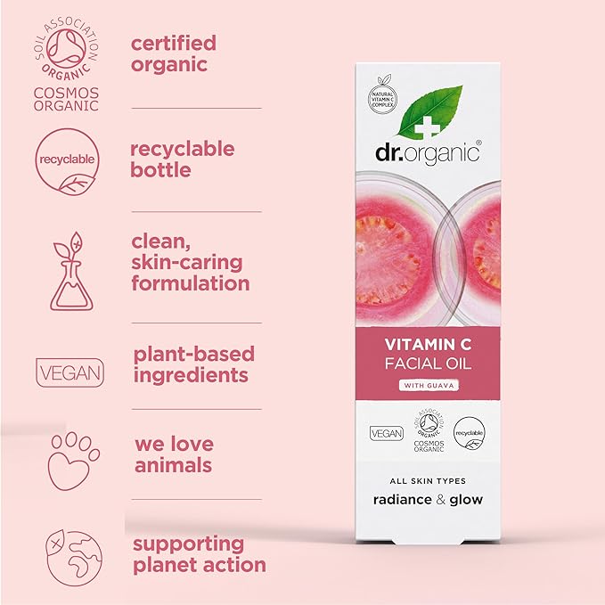 Dr. Organic Guava Vitamin C Moisture Boosting Oil | Hydrating & Brightening for Dull, Dehydrated Skin, With Tropical Guava Extract, 100% Natural Origin, Vegan, 30 mL / 1 fl oz