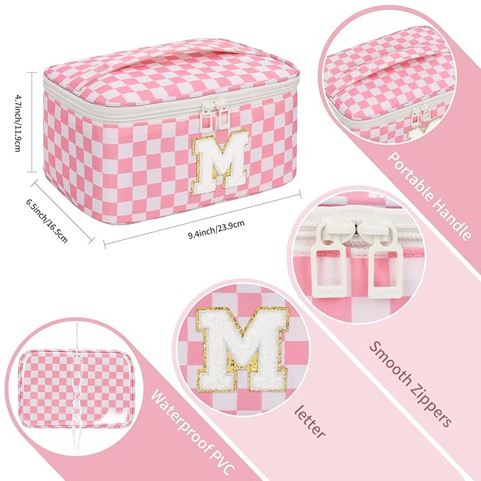 OCHEAL Makeup Bag for Women, Monogram Cosmetic Bag with Brush Holder, Pink Travel Makeup Case Beauty Toiletry Bag Organizer Personalized Gifts for Girls Bridesmaid, Sister, Wife, Friends Initial M