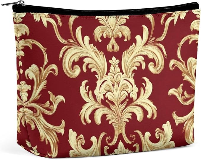Fashion Zipper Cosmetic Case, Portable Makeup Case, Personality Toiletry Bag, Travel Cosmetic Toiletry Bag Flower Red Gold Floral Classy Burgundy Antique