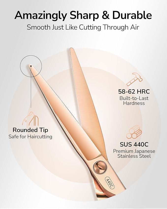 ULG Professional Hair Cutting Scissors with Luxury 18K Rose Gold Finish 6.5" Barber Scissors 440C Japanese Stainless Steel Hand-Honed Razor Sharp Blades Offset Handles Tension Adjustable, Right-Handed