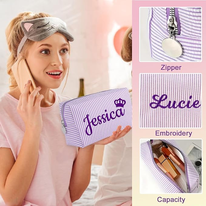 Personalized Seersucker Makeup Bag with Embroidered Name&Birth Flower,Custom Small Travel Cosmetic Bag Toiletry Bag Wedding Gifts for Bridesmaid Bride (4-Makeup Bag with Crown)