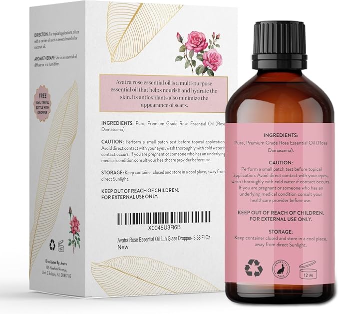 Avatra Rose Essential Oil 100ML (3.38 OZ) with Glass Dropper and Travel Bottle, Pure and Natural Therapeutic Grade Lavender Oil for Diffuser, Aromatherapy, Massage, and DIY Candle Products