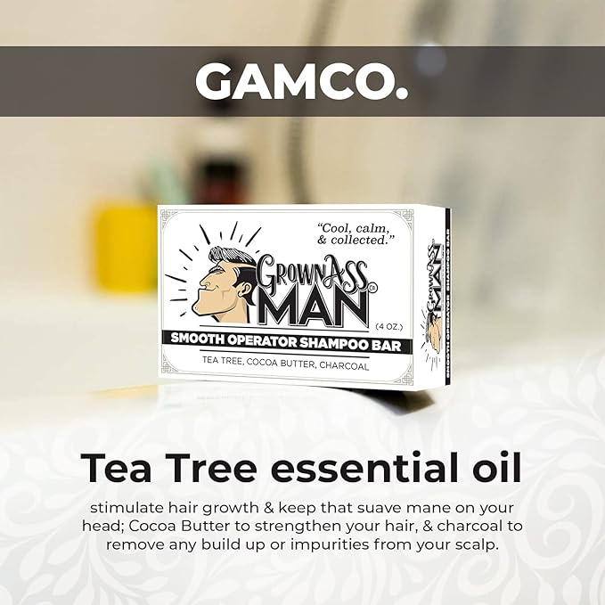 Grown Ass Man Co. - Solid Shampoo Bar Rich Lather 3 in 1: Hair, Beard & Body Wash - Plastic Free & Eco-Friendly, Natural & Organic Clean for All Hair Types, 4oz Bar (Smooth Operator, 3-Pack)