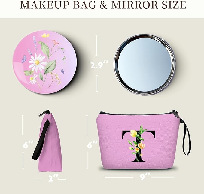 Women Birthday Unique Bride to be Bridal Shower Initial Gifts for Mom Sister Friend Her Teacher Aunt Makeup Cosmetic Bag with Mirror Mothers Day Christmas Graduation T