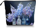 Cosmetic Bags Travel Makeup Toilet Case Waterproof Pouch for Women Girls 6.7X9.45inches - Still - Life of Blue - Purple Flowers in Glass Bottles