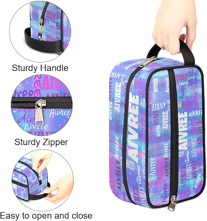 Custom Makeup Toiletry Bag, Personalized Travel Cosmetic Organizer Case Portable Bag with Zipper, Gradient Blue Color Striped Background
