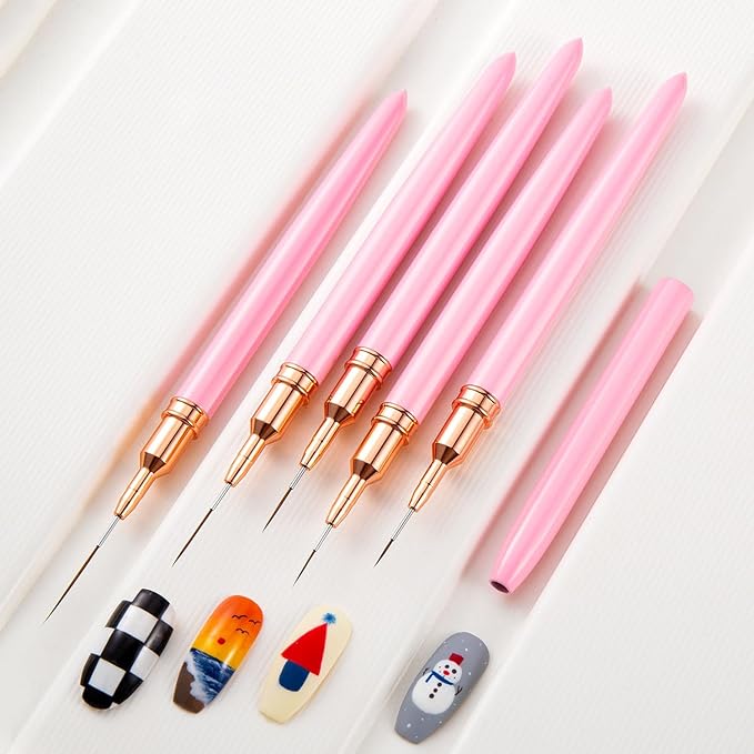 WOKOTO 5 Pcs Pink Nail Art Liner Brushes Painting Detail Nail Brushes For Nail Art Tools Set Nail Dotting Drawing Tool For Long Lines Thin Details Fine Drawing Sizes 4/8/12/20/25mm Thin Nail Brush