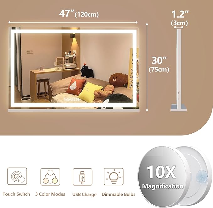 Hasipu Vanity Mirror with Lights and Bluetooth Speaker, 47" x 29.5" LED Makeup Mirror, Lighted Makeup Mirror with Dimmable 3 Modes, Touch Screen Control Vanity Mirror Square White