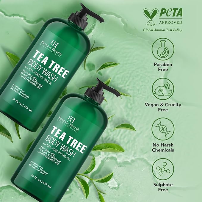 Botanic Hearth Tea Tree Body Wash (Pack of 2) for Men and Women - Moisturizing Body Wash Helps Soothe the Skin - Refreshing and Hydrating Cleanser, Sulfate Free, Paraben Free - 16 Fl Oz each