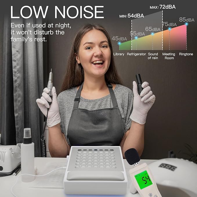 Madenia Powerful Nail Dust Collector - Brushless Quiet Vacuum Suction Fan Extractor with Hand Pillow 2 Filters 1 Brush, Nail Dust Cleaner Machine for Acrylic Gel Nail Polishing Nail Tech Use, White