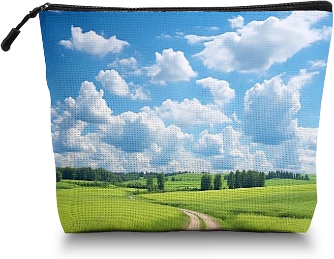 Cosmetic Bags Travel Makeup Toilet Case Waterproof Pouch for Women Girls 6.7X9.45inches - Green Field With A Winding Dirt Road Under Blue Sky