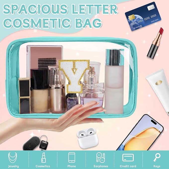 Personalized Initial Clear Makeup Bag, Travel Chenille Patch Cosmetic Bag, Preppy Toiletry Bag Monogram Cosmetic Pouch with Zipper, Ideal Gift for Teen Girls Women (Clear-Green, Y)