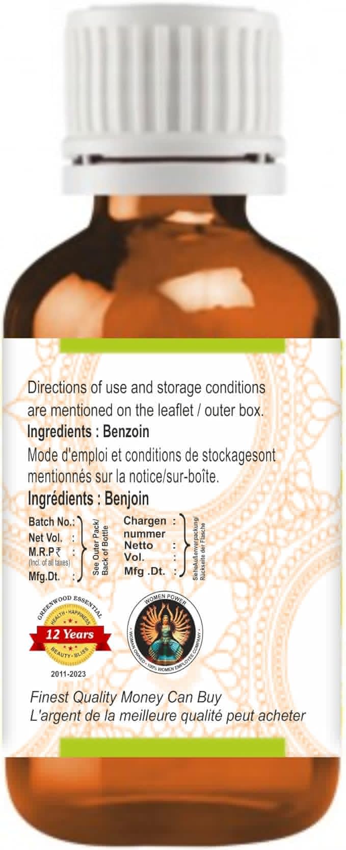 Greenwood Essential Benzoin Essential Oil (Styrax Benzoin) Pure | Viscous Texture | Rich Aroma | Unisex | All Skin Types |Natural Extract Steam Distilled 100ml (3.38 oz)
