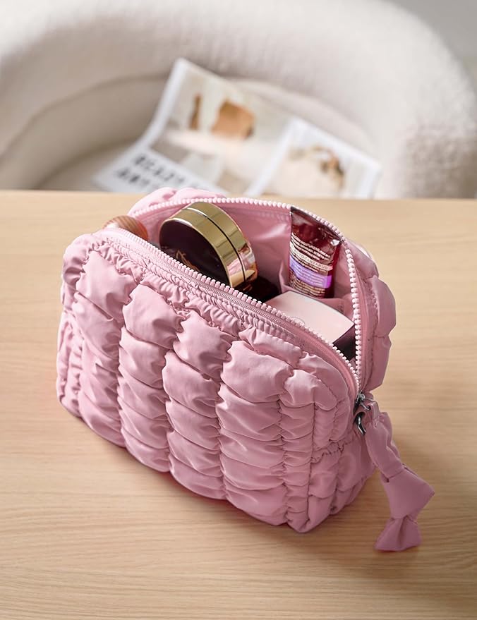 Yarnic Quilted Makeup Bag Cosmetic Bag, Travel Toiletry Bag for Women, Cute Makeup Bag Organizer Baby Pink Puffer Makeup Pouch (M, Pink)