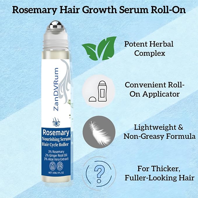 Rosemary Hair Growth Serum Roll-On for Thinning Hair with Saw Palmetto & Tea Tree — Lightweight, Non-Greasy Scalp Oil for Hair Regrowth Support