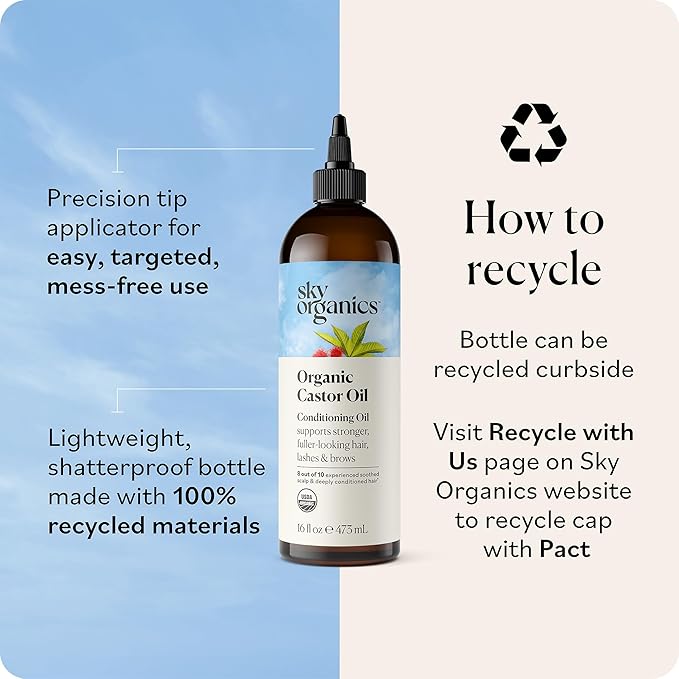 Sky Organics Castor Oil - USDA Certified Organic Hair Oil for Hair Growth, Skin, Face, Eyelashes - Cold Pressed & Hexane Free - Pure Organic Castor Oil Pack Wrap - Carrier & Hair Treatment Oil -16oz