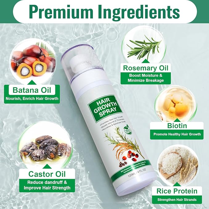 Hair Growth Spray, 2 Pack Natural Hair Growth Oil Spray With Biotin, Batana, Rosemary, and Castor Oil, Caffeine Ginseng Support Scalp Care Treatment, Thinning Hair Regrowth Thickening, Reduce damage