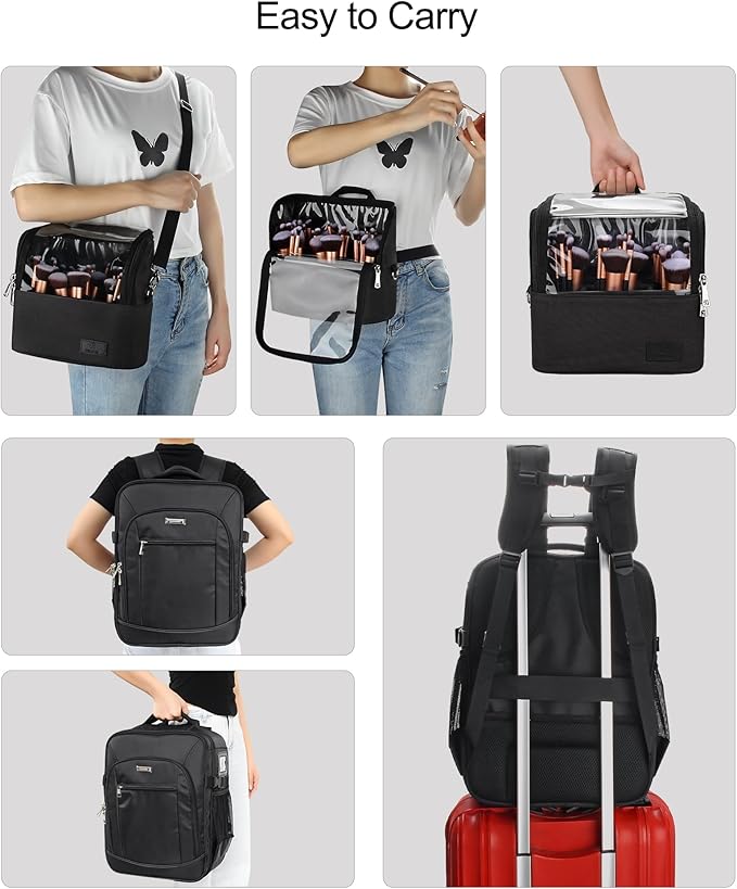 TANTO Makeup Backpack Makeup Artist Bag Professional Extra Large Cosmetic Bags Travel Train Case Storage Organizer Double-Layer Cosmetic Case with 4 Pouch and Brush Organizer (Black, two piece)