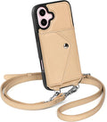 LUCKYCOIN Crossbody Wallet Phone Case for iPhone 16,100% Genuine Leather Wallet Phone Case with Expandable Flip Card Holder,Phone Purse for Women with Adjustable Removable Strap - Pebble Beige