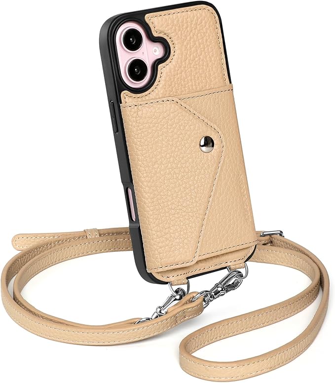 LUCKYCOIN Crossbody Wallet Phone Case for iPhone 16,100% Genuine Leather Wallet Phone Case with Expandable Flip Card Holder,Phone Purse for Women with Adjustable Removable Strap - Pebble Beige