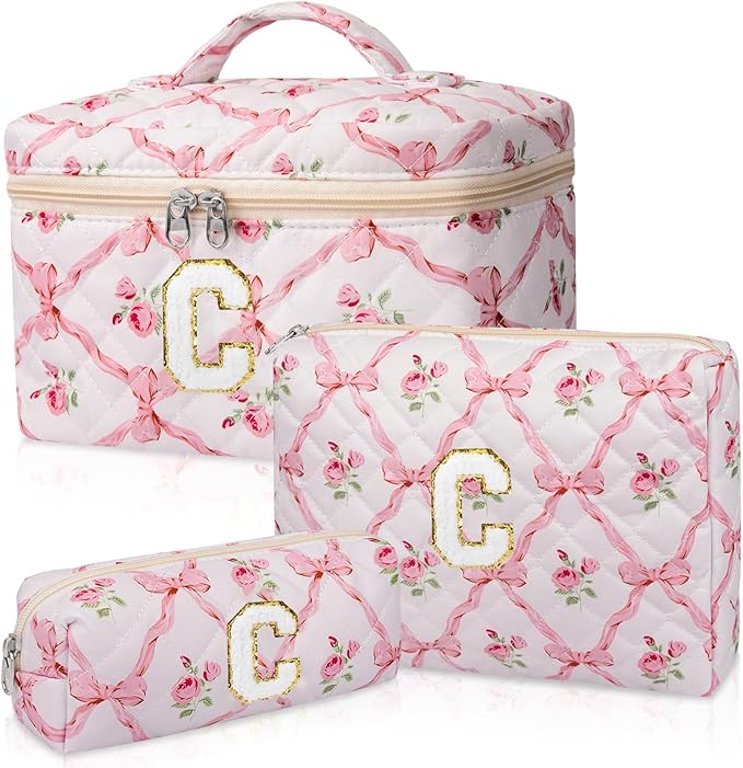 Personalized Initial Makeup Bag Set, Quilted Makeup Bag, Large Floral Cosmetic Bag for Women, Cute Cotton Custom Make up Bags, Flower Travel Toiletry Bag Teen Girl Gift Trendy Stuff Gift C