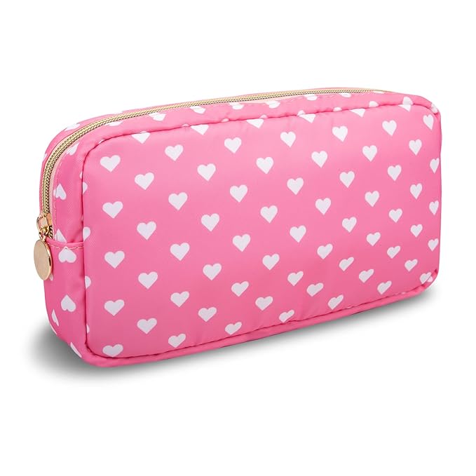 Small Makeup Pouch for Purse，Nylon Travel Toiletry Storage Cute Preppy Cosmetic Bag for Women Girls，Waterproof Makeup Organizer Pouch Skincare Purse with Zipper (Small-Pink Heart)