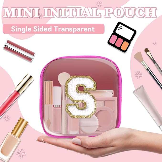 Mini Clear Personalized Initial Makeup Bag,Nylon Preppy A-Z Chenille Letter Patch Zipper Cosmetic Bag, Small Cute Beach Pouch Travel Purse Sanitary Napkin Storage Bag for Women Girls(Hot Pink-White S)