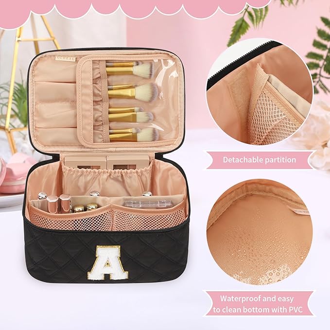 OCHEAL Makeup Bag for Women, Monogram Cosmetic Bag with Brush Holder,Black Travel Makeup Case Beauty Toiletry Bag Organizer Personalized Gifts for Girls Bridesmaid, Sister, Wife, Friends Initial A