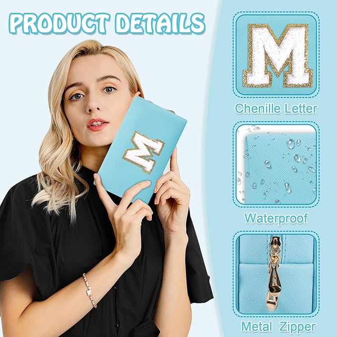 Small Travel Initial Preppy Makeup Bag, Personalized Cute Blue Cosmetic Organizer Chenille Letter Travel Toiltery Zipper Pouch, Waterproof PU Make Up Case Storage Mothers Day Gifts for Mom(Letter M)