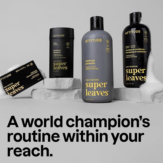 ATTITUDE Men's Shampoo and Conditioner 2-in-1, Volumizing for Thin Hair, With Rosemary and Rice Protein, 97% Natural Origin Ingredients, EWG Verified, Amber & Citrus, 14 Fl Oz