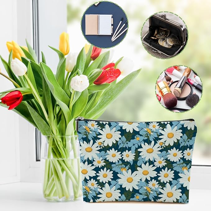 4 Packs Daisy Flowers Makeup Bag Daisy Gifts Floral Wildflower Cosmetic Bag Friend Friendship Gifts for Women Girls Sister Botanical Travel Organizer Zipper Pouch Christmas Thanksgiving Birthday Gift