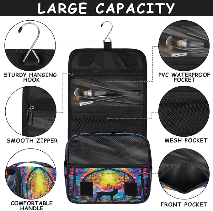 Travel Toiletry Bag for Women & Men Animal Colorful Deer Hanging Cosmetic Organizer Portable Waterproof Makeup Case Make Up Bag with Compartments Travel Essentials for Bathroom Shower