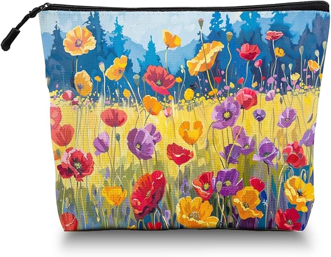 Cosmetic Bags Travel Makeup Toilet Case Waterproof Pouch for Women Girls 6.7X9.45inches - Oil Painting of A Colorful Poppy Field