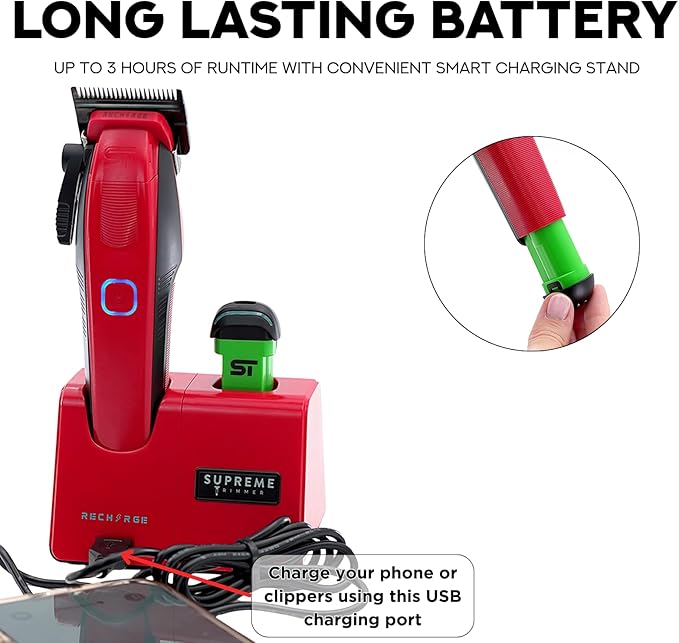 Supreme Trimmer Recharge Clipper - Professional Hair Clipper with 2 Removable Batteries, Brushless Motor, Smart Charge Stand, USB-C Charge & DLC Blades Barbers | STC779