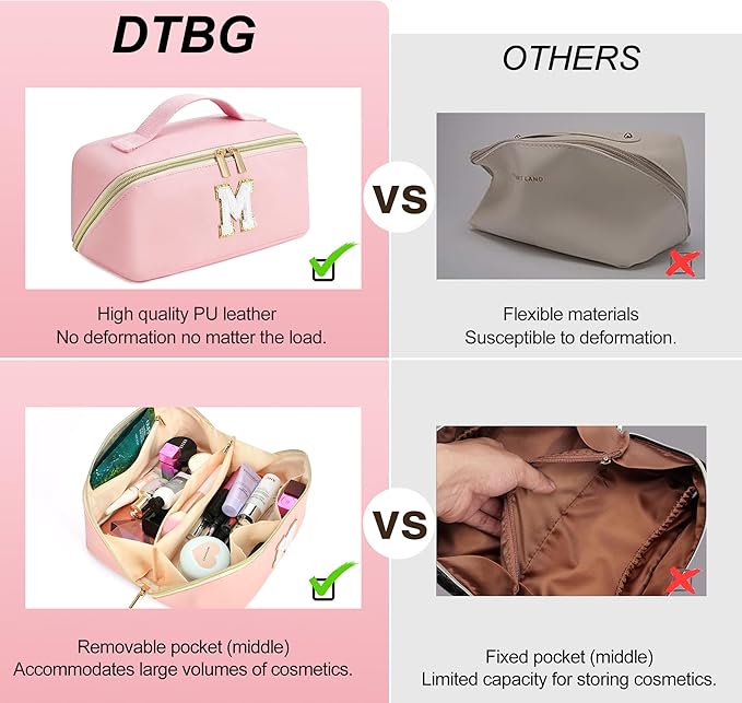 for Christmas Day Gifts, Makeup Bag for Women, PU Leather Travel Toiletry Bags, Initial Make Up Cosmetic Pouch for Teen Girls, Wide Open Portable Skincare Bag, Personalized Birthday Gifts, Pink W