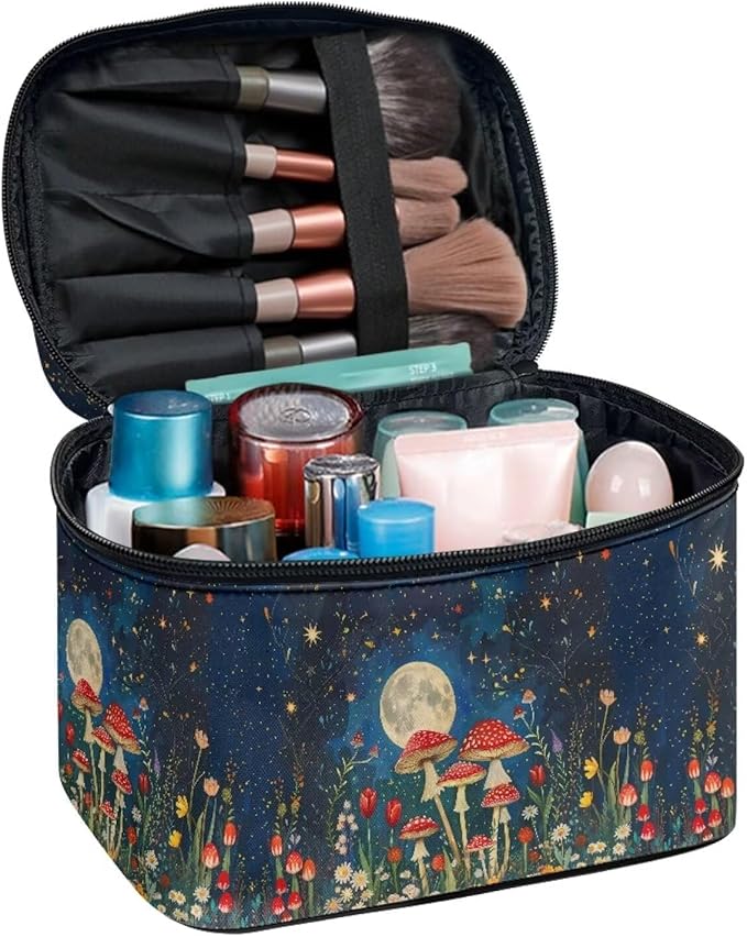 Vintage Mushroom Moon Starry Night Print Makeup Bag for Women Ladies Portable Cosmetic Bag with Zipper and Carry Handle Make Up Tote Bags Toiletry Case Organizer
