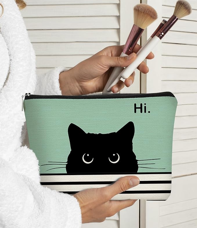 Cute Makeup Bag - Cat Gifts for Lovers, Black Kitty Cosmetic Bag, Makeup Pouch (Teal)