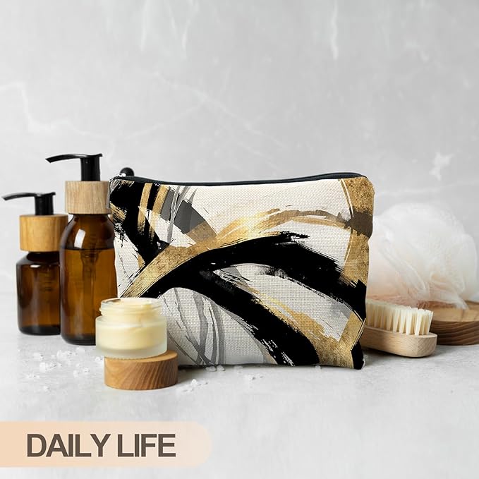 Abstract Black and Gold Makeup Bag, Boho Black White and Gold Cosmetic Bags for Women, Boho Gifts for Women, Mid Century Modern Zipper Makeup Pouch