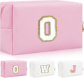 Iqimott,Personalized Initial Letter Patch Makeup Bag, Preppy Portable Chenille Letter Cosmetic Bag with Zipper, PU Leather Travel Toiletry Bag Monogram Make Up Pouch for Women Girls(Letter O)