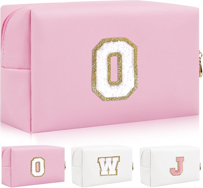 Iqimott,Personalized Initial Letter Patch Makeup Bag, Preppy Portable Chenille Letter Cosmetic Bag with Zipper, PU Leather Travel Toiletry Bag Monogram Make Up Pouch for Women Girls(Letter O)