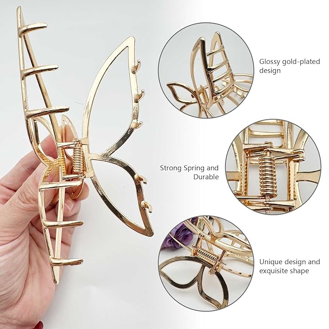 2-Pack Butterfly Claw Clips for Women, Metal Hair Clips for Thick Hair - Non-Slip Large Hair Claws for Updos, Bun, Ponytail